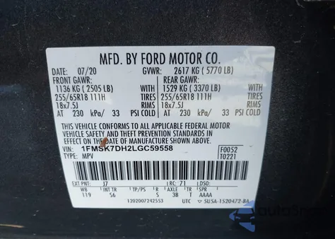 2020 Ford Explorer Xlt z USA, uszkodzony, nr VIN 1FMSK7DH2LGC59558